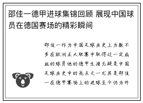 邵佳一德甲进球集锦回顾 展现中国球员在德国赛场的精彩瞬间
