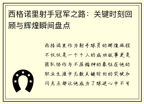 西格诺里射手冠军之路：关键时刻回顾与辉煌瞬间盘点