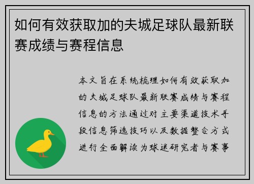 如何有效获取加的夫城足球队最新联赛成绩与赛程信息 如何有效获取加的夫城足球队最新联赛成绩与赛程信息