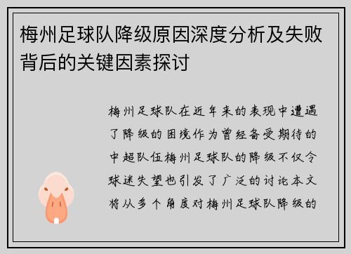 梅州足球队降级原因深度分析及失败背后的关键因素探讨 梅州足球队降级原因深度分析及失败背后的关键因素探讨